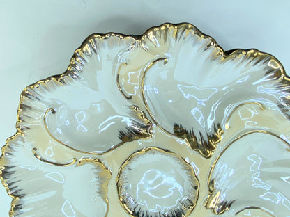 19th century Limoges gold gilt iridescent 6 well oyster plate 9.0" A438