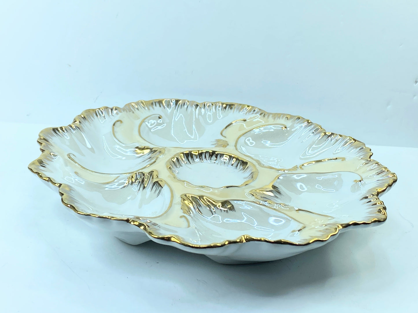 19th century Limoges gold gilt iridescent 6 well oyster plate 9.0" A438