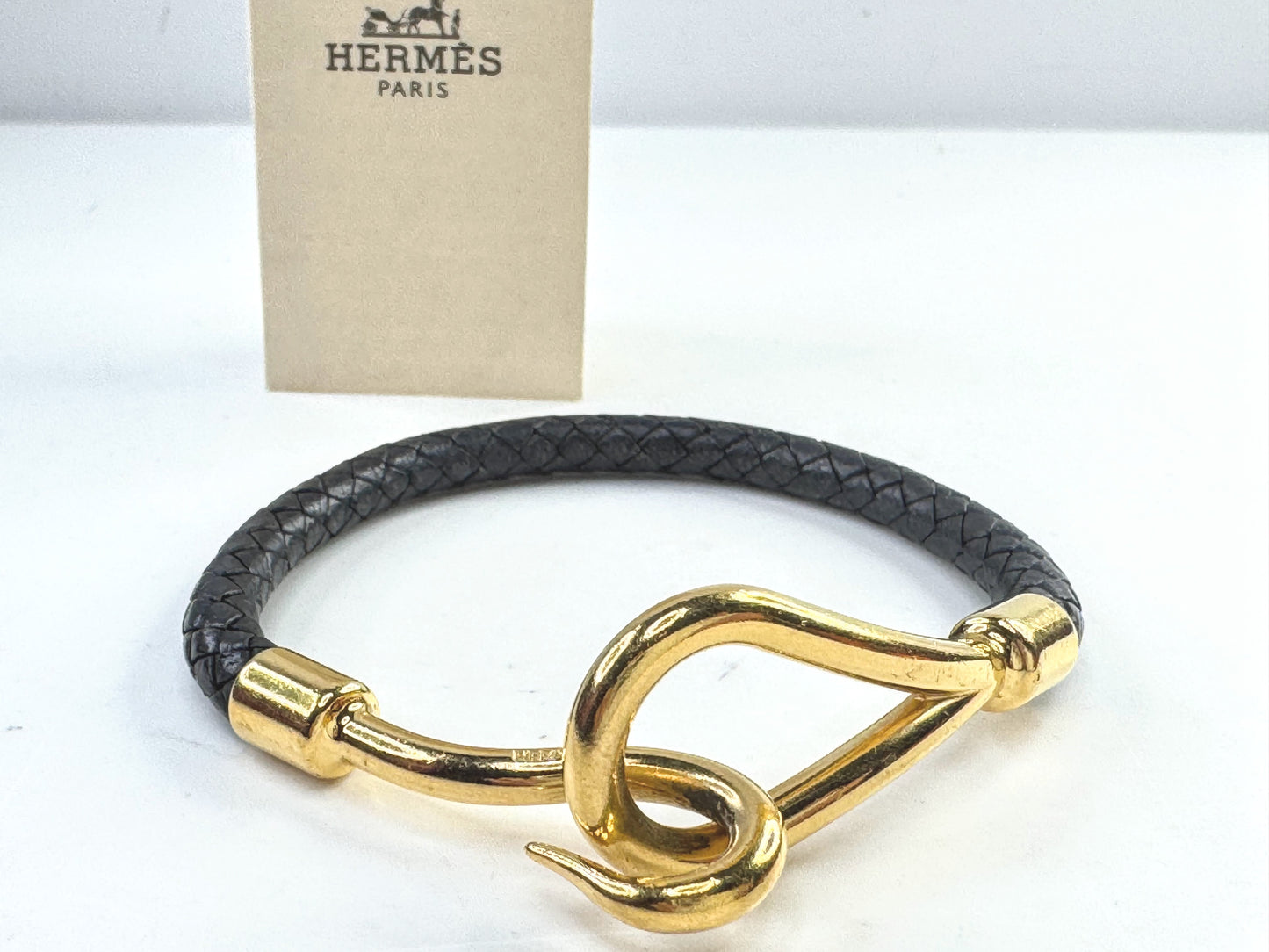 Vintage Hermès Jumbo Hook Leather Bracelet Gold Tone Black 7.25" GS803
