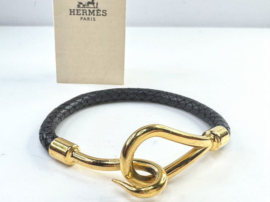 Vintage Hermès Jumbo Hook Leather Bracelet Gold Tone Black 7.25" GS803