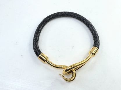 Vintage Hermès Jumbo Hook Leather Bracelet Gold Tone Black 7.25" GS803