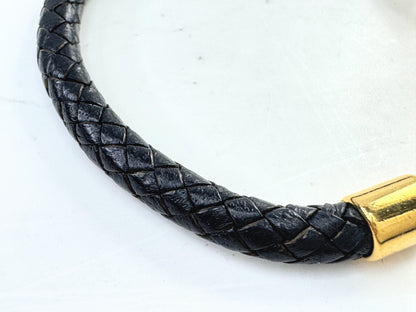 Vintage Hermès Jumbo Hook Leather Bracelet Gold Tone Black 7.25" GS803