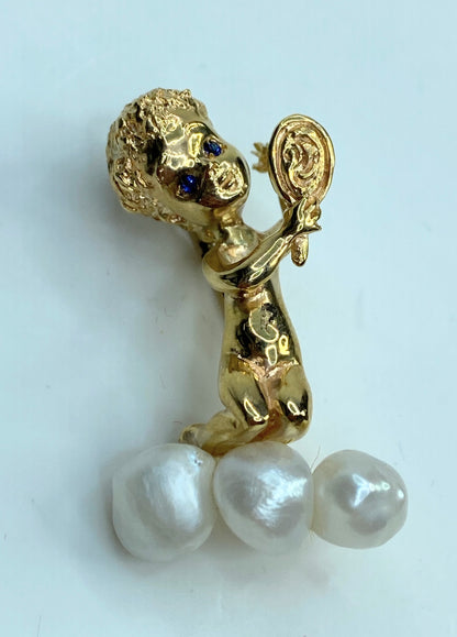 William Ruser 14k Yellow Gold Sapphire Pearl Mondays Child Pin Brooch JR1001