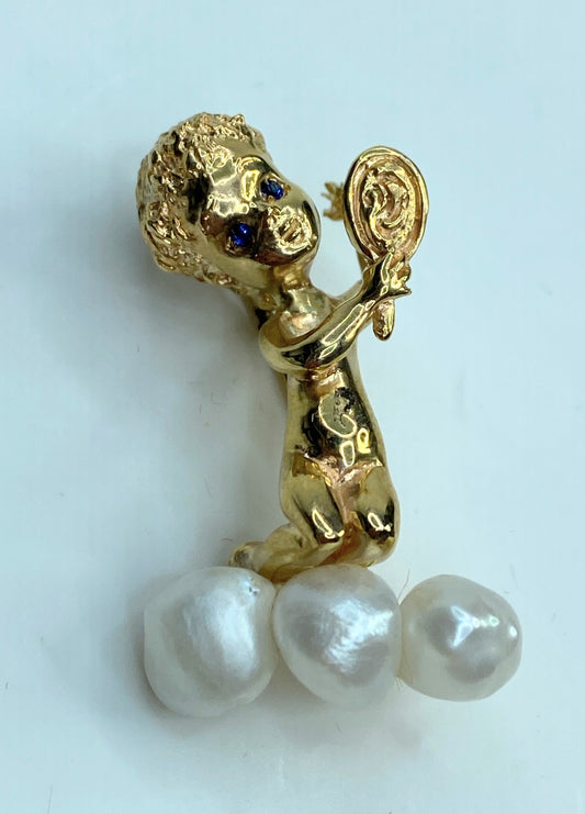 William Ruser 14k Yellow Gold Sapphire Pearl Mondays Child Pin Brooch JR1001