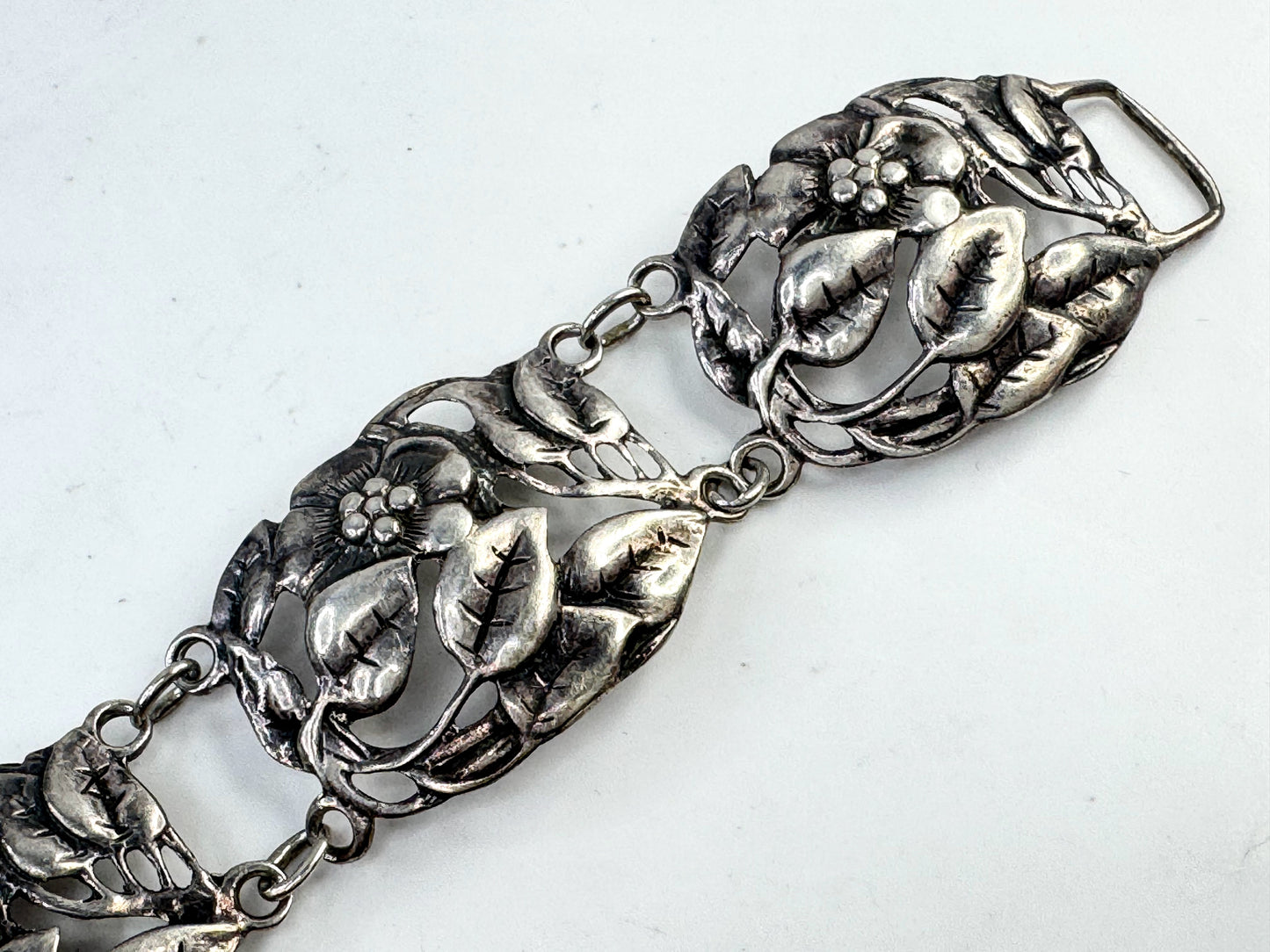 Vintage Danecraft Sterling Silver Floral Link Bracelet 7 5/8" JR1621