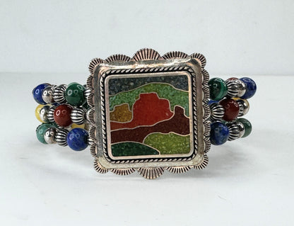 Carolyn Pollack Relios Sterling Multi Gem Inlay Beaded Cuff Bracelet JR9374