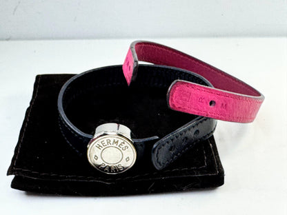 Vintage Hermes Black Fuchsia Leather Palladium Clou de Selle Bracelet Pouch GS804