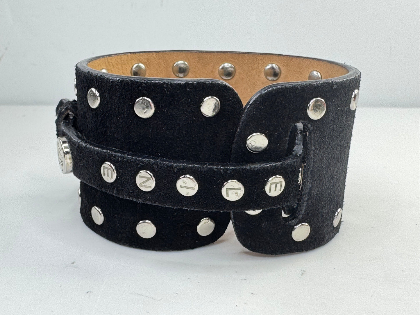 Vintage Celine Black Leather Studded Wide Buckle Cuff Bracelet GS805