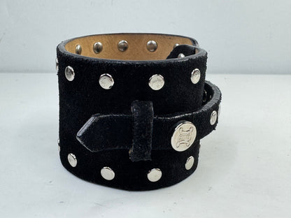 Vintage Celine Black Leather Studded Wide Buckle Cuff Bracelet GS805