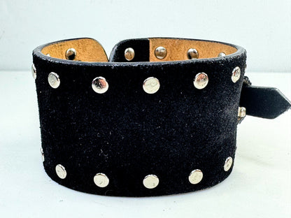 Vintage Celine Black Leather Studded Wide Buckle Cuff Bracelet GS805