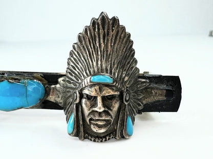 Rare 50's sterling silver Chief Head Turquoise barrette 38.2g JR9381