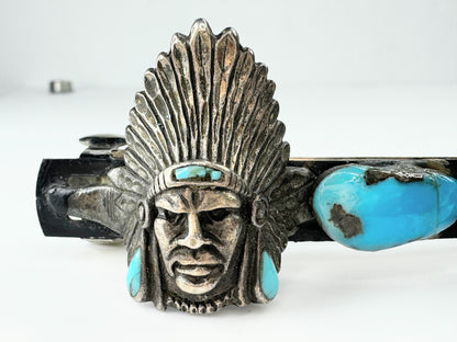 Rare 50's sterling silver Chief Head Turquoise barrette 38.2g JR9381