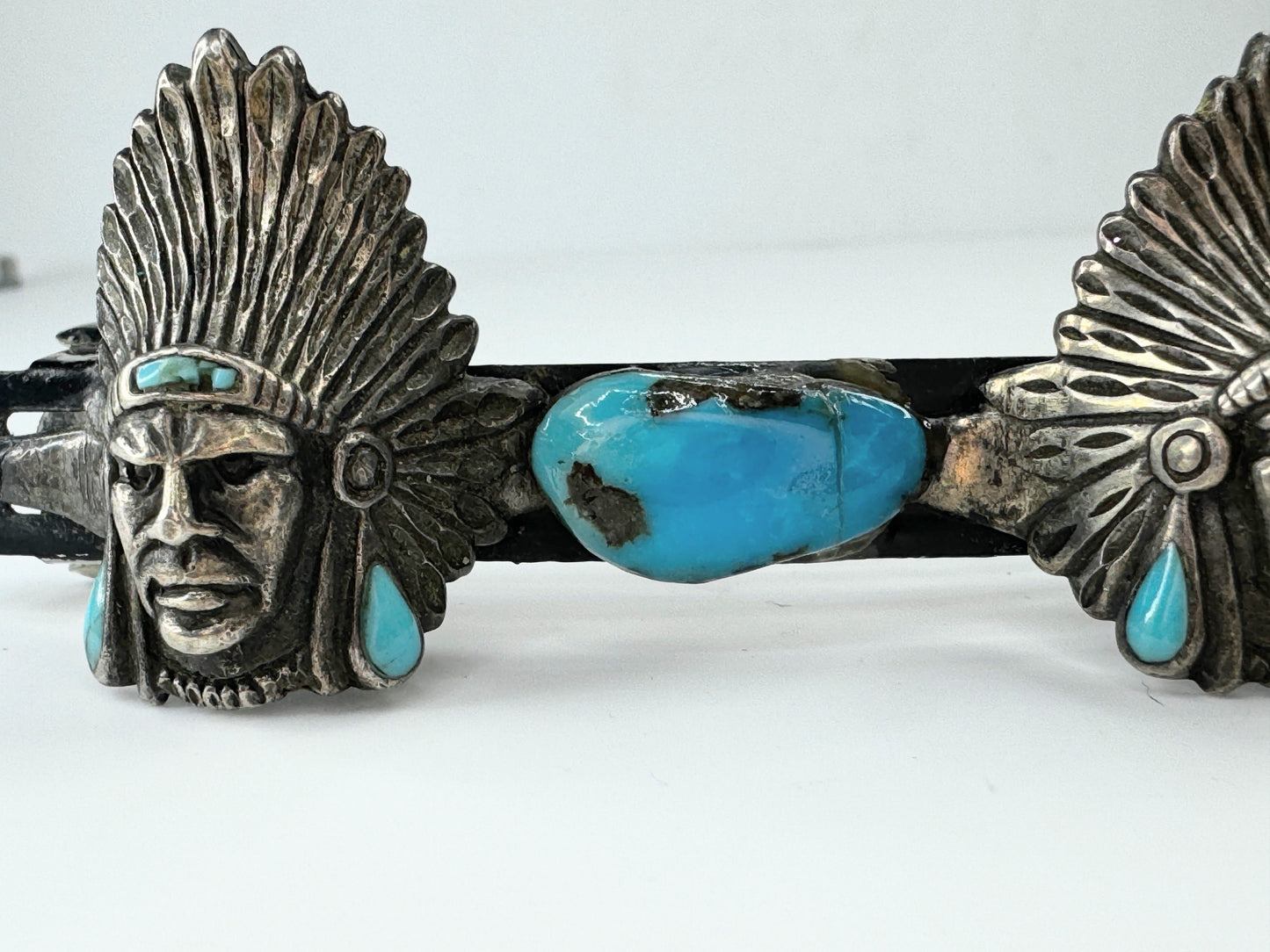 Rare 50's sterling silver Chief Head Turquoise barrette 38.2g JR9381