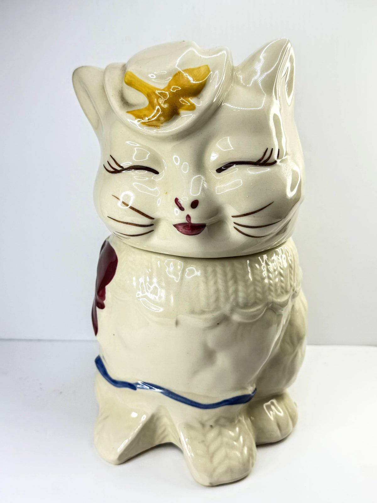 Shawnee Puss N Boots Cat Cookie Jar Vintage 1940s Yellow Bird Mint A1079