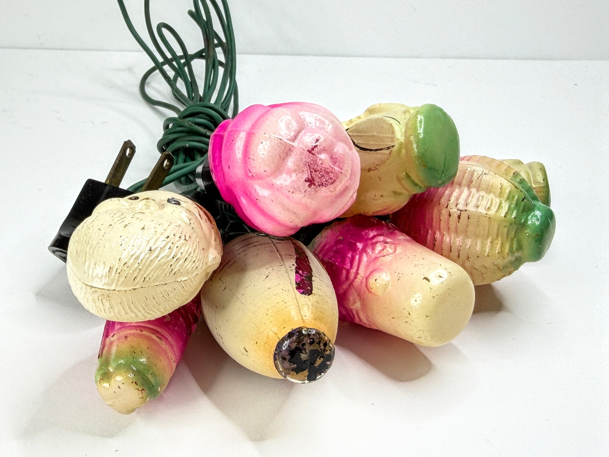Antique Figural Christmas Eight Light Bulbs String Hand Painted Working A1078