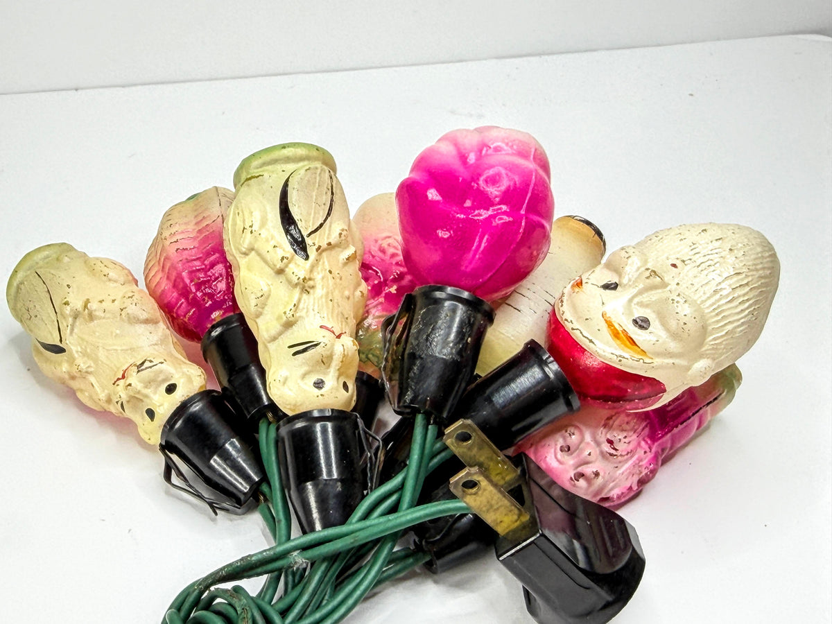 Antique Figural Christmas Eight Light Bulbs String Hand Painted Working A1078