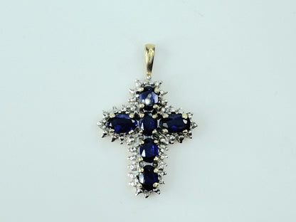 10K white gold Blue Sapphire Diamond Cross pendant 2.2g JR9389