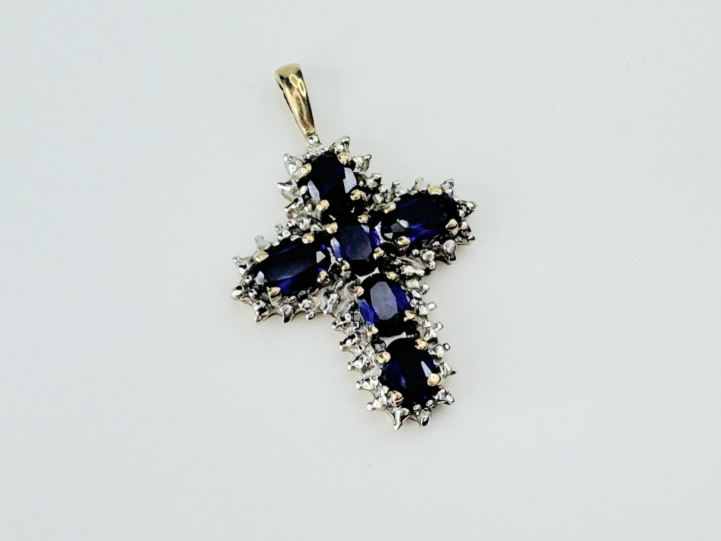 10K white gold Blue Sapphire Diamond Cross pendant 2.2g JR9389