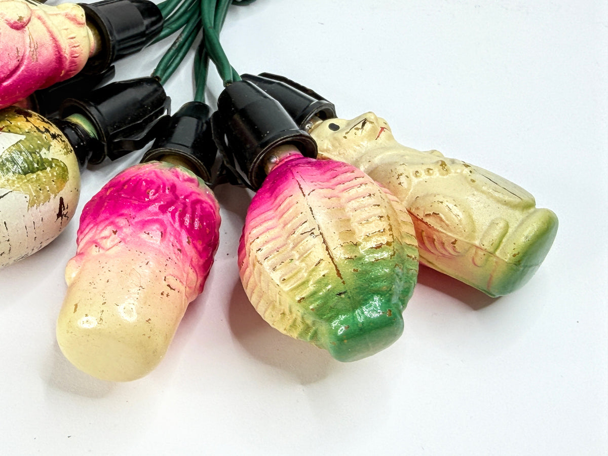Antique Figural Christmas Eight Light Bulbs String Hand Painted Working A1078
