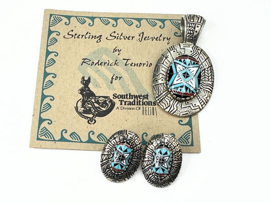 Native American Roderick Tenorio 925 Turquoise Inlay Pendant earrings set JR9389