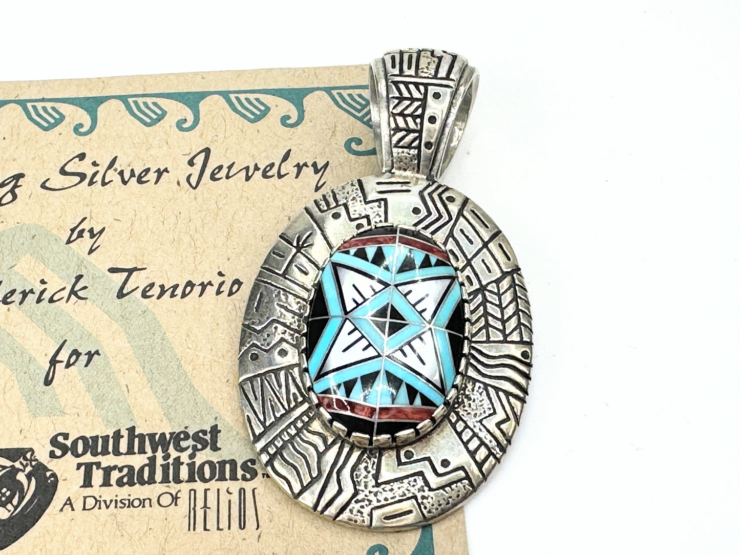 Native American Roderick Tenorio 925 Turquoise Inlay Pendant earrings set JR9389