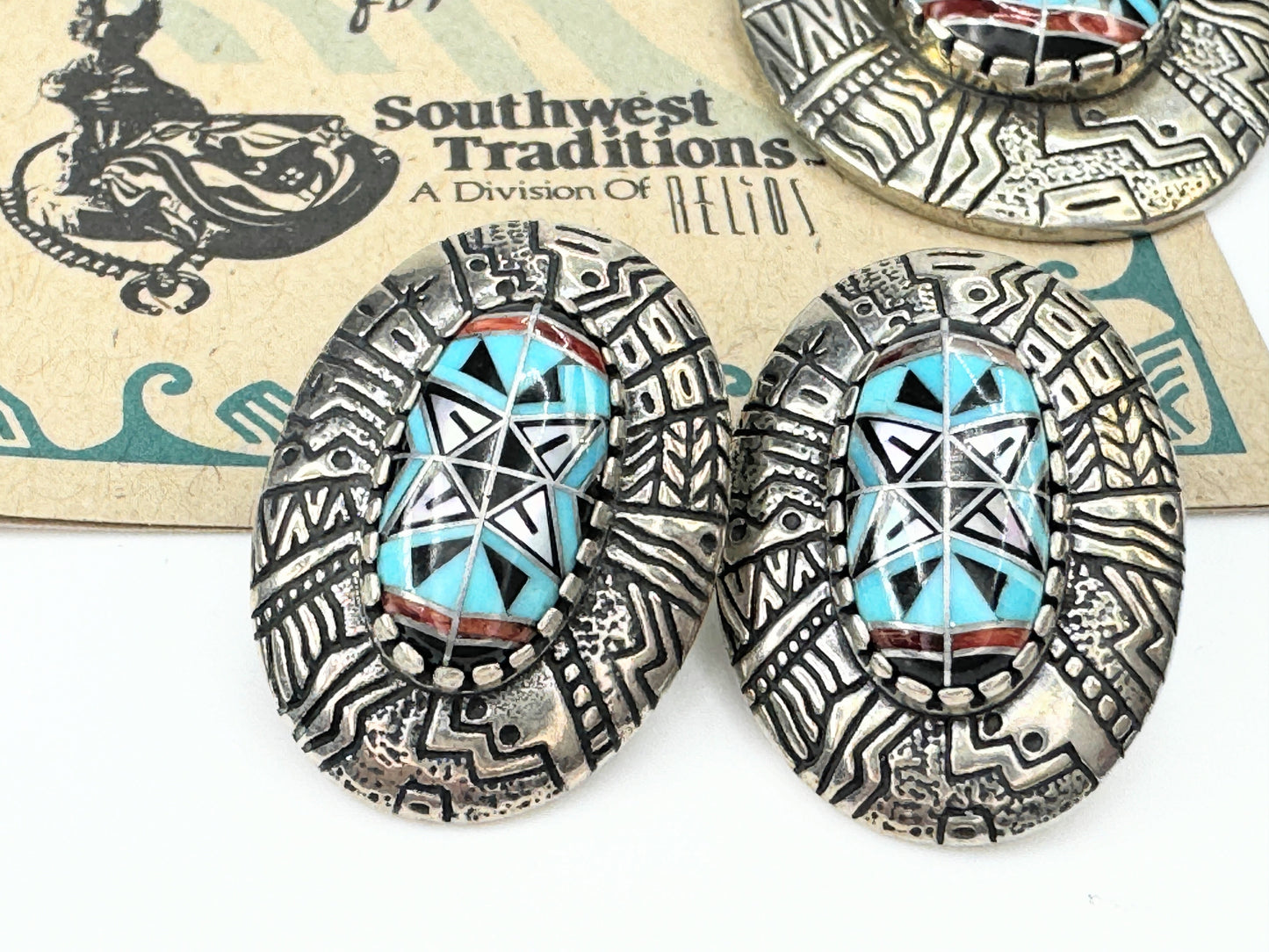 Native American Roderick Tenorio 925 Turquoise Inlay Pendant earrings set JR9389