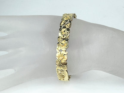 14K gold Island Hawaiian Hibiscus cut-out hinged bracelet 23.2g 7.5" JR9448