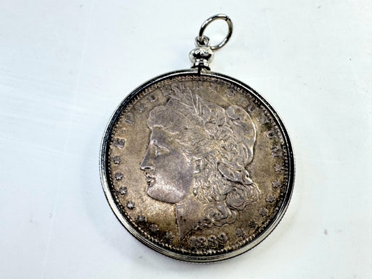 Vintage 1889 Morgan Silver Dollar Coin Pendant Necklace 29.7g SS346