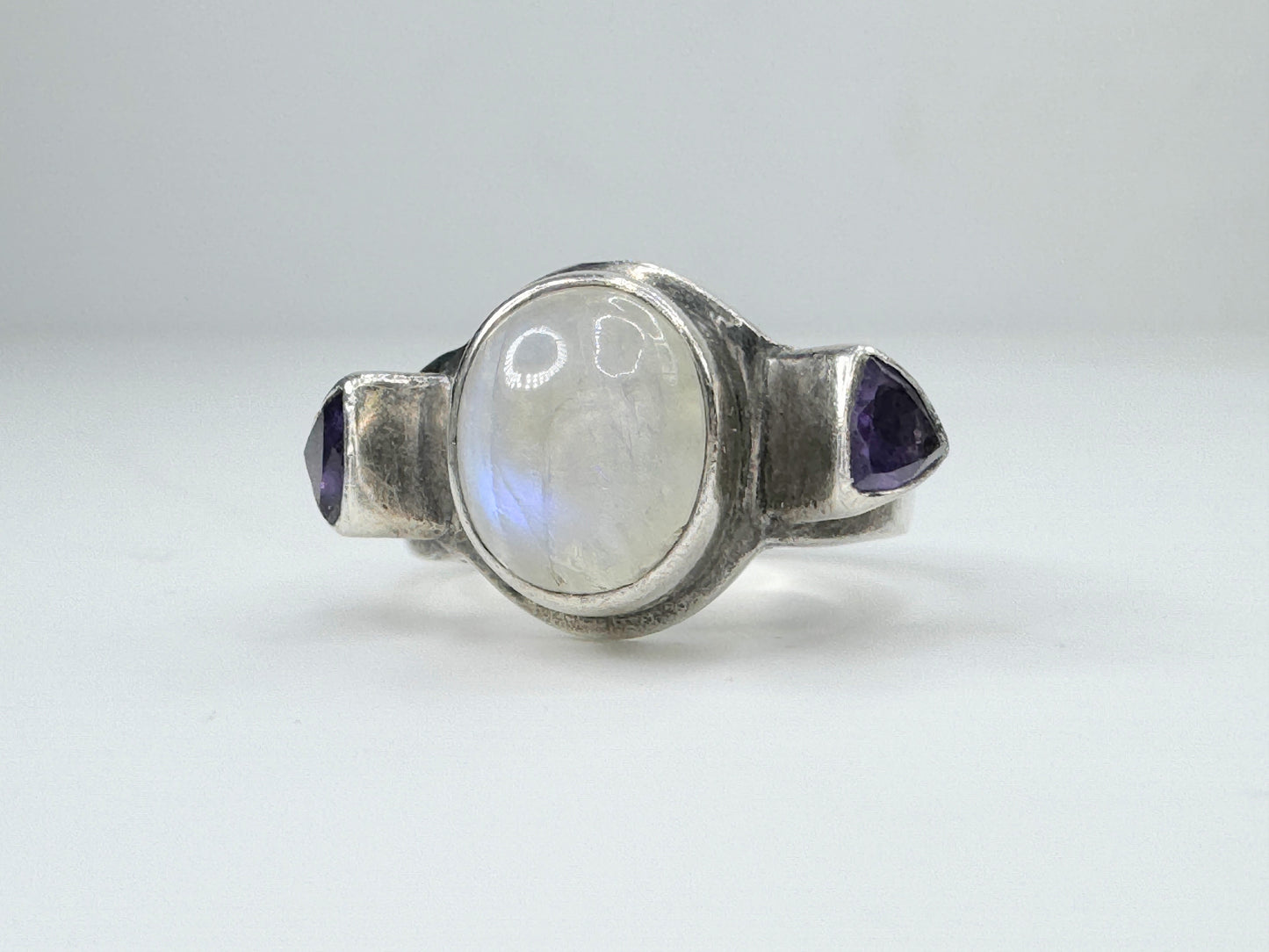 Rainbow Moonstone Amethyst gem sterling silver 925 ring 9.1g s 7.5 JR9455