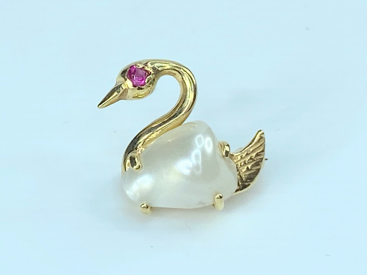 c1940's Baroque Pearl Swan Pin 14K Gold Ruby Eye pin