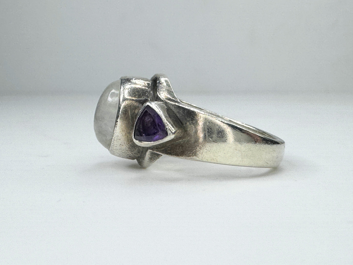 Rainbow Moonstone Amethyst gem sterling silver 925 ring 9.1g s 7.5 JR9455