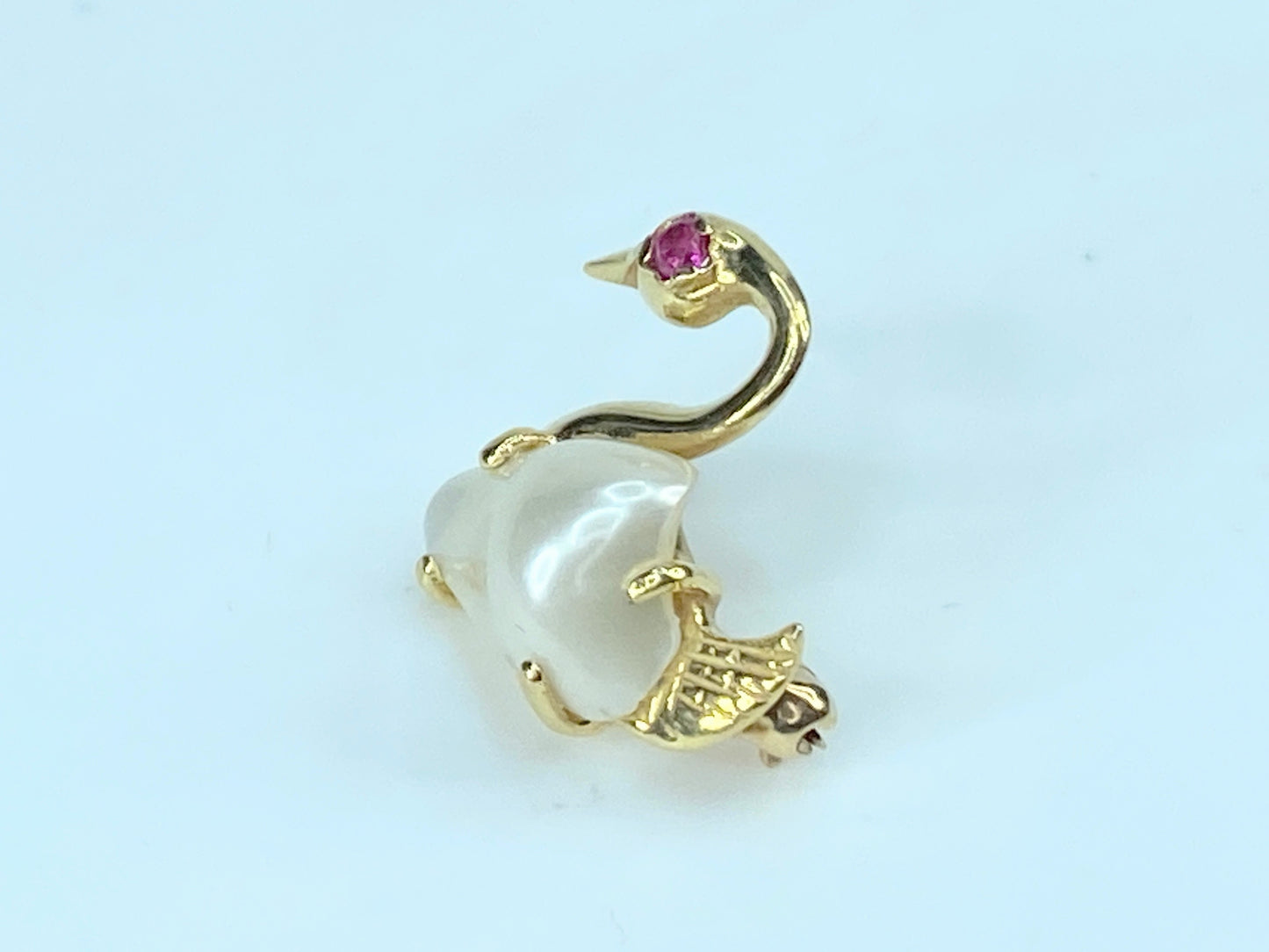 c1940's Baroque Pearl Swan Pin 14K Gold Ruby Eye pin