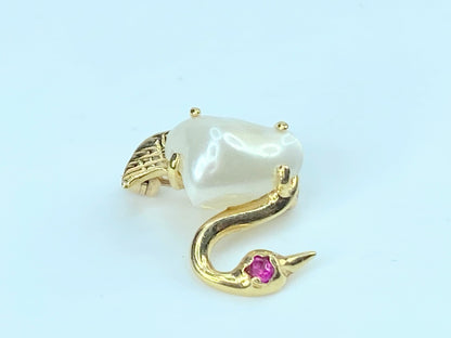 c1940's Baroque Pearl Swan Pin 14K Gold Ruby Eye pin