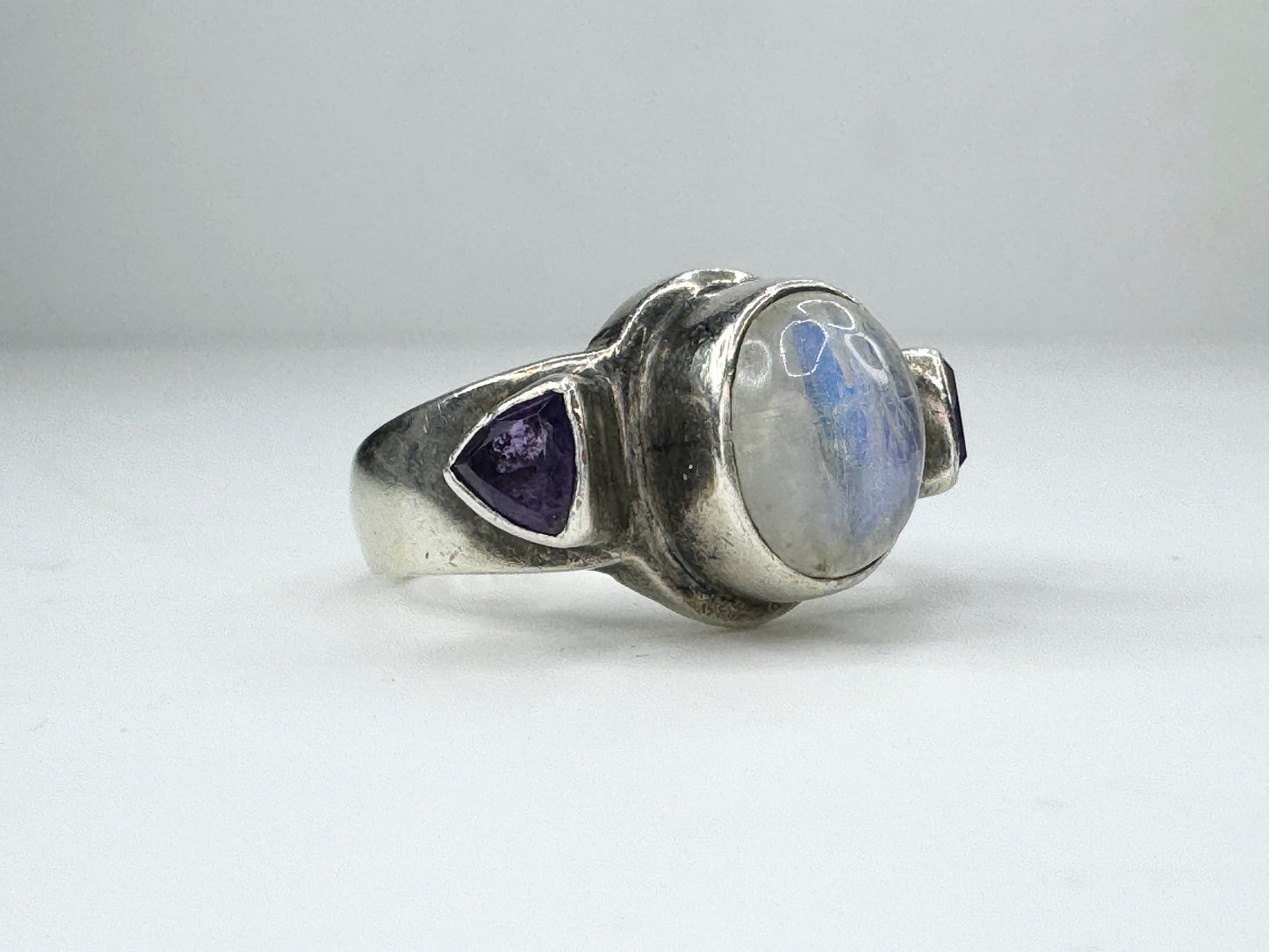 Rainbow Moonstone Amethyst gem sterling silver 925 ring 9.1g s 7.5 JR9455