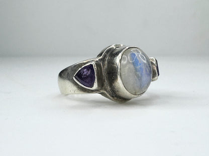 Rainbow Moonstone Amethyst gem sterling silver 925 ring 9.1g s 7.5 JR9455