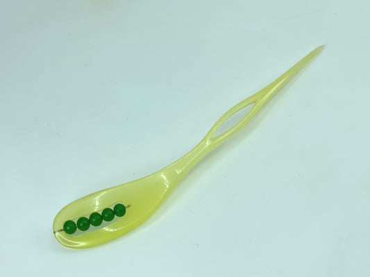 Rare Japanese lemon resin hair stickpin with green crystal beads 6 1/4" GS520