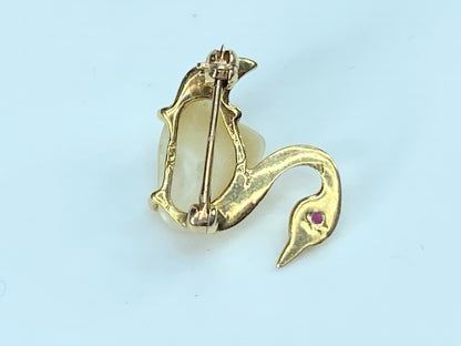 c1940's Baroque Pearl Swan Pin 14K Gold Ruby Eye pin