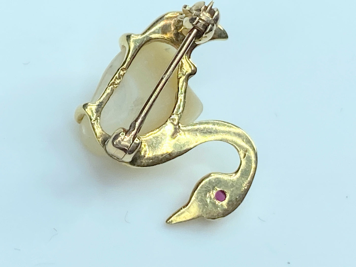 c1940's Baroque Pearl Swan Pin 14K Gold Ruby Eye pin