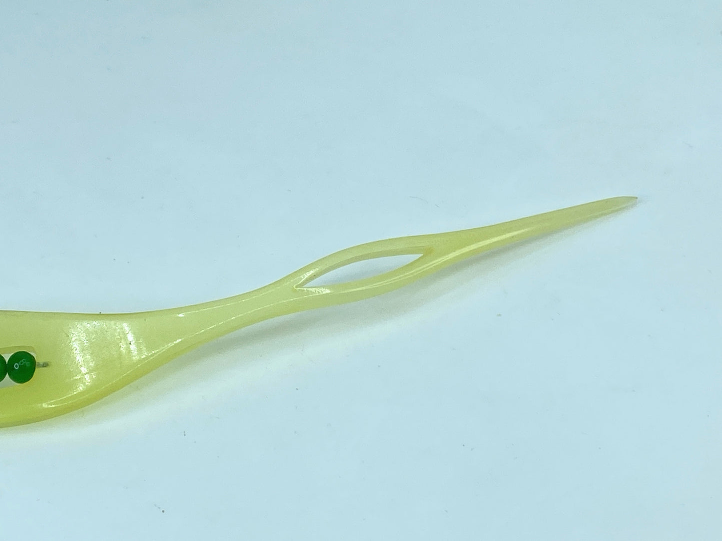 Rare Japanese lemon resin hair stickpin with green crystal beads 6 1/4" GS520