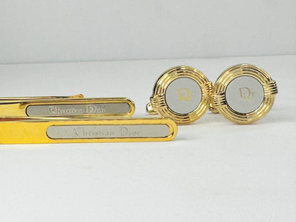 Christian Dior Gold tone cuff link matching tie clip set JR9456