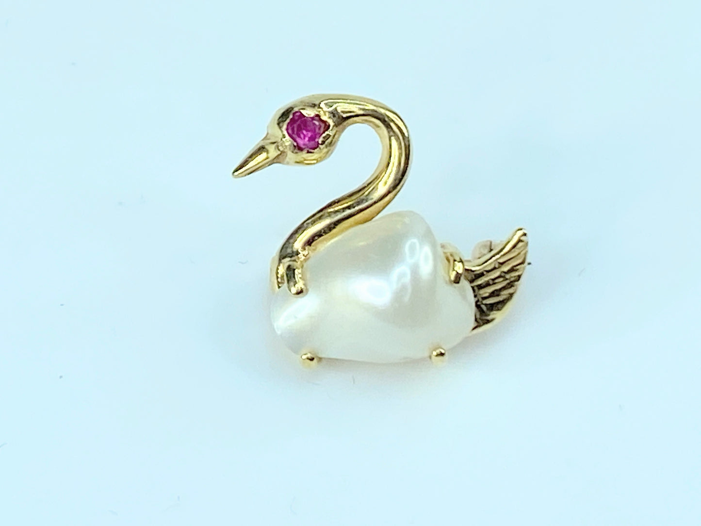 c1940's Baroque Pearl Swan Pin 14K Gold Ruby Eye pin