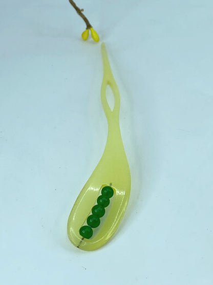 Rare Japanese lemon resin hair stickpin with green crystal beads 6 1/4" GS520