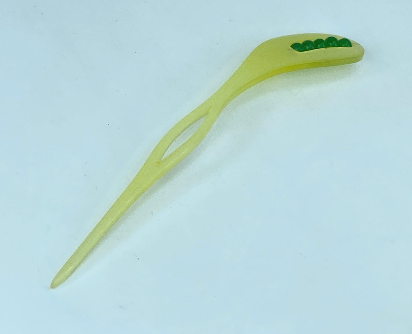 Rare Japanese lemon resin hair stickpin with green crystal beads 6 1/4" GS520