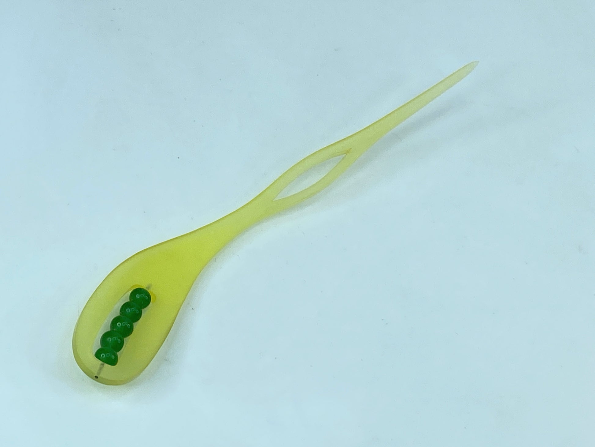 Rare Japanese lemon resin hair stickpin with green crystal beads 6 1/4" GS520