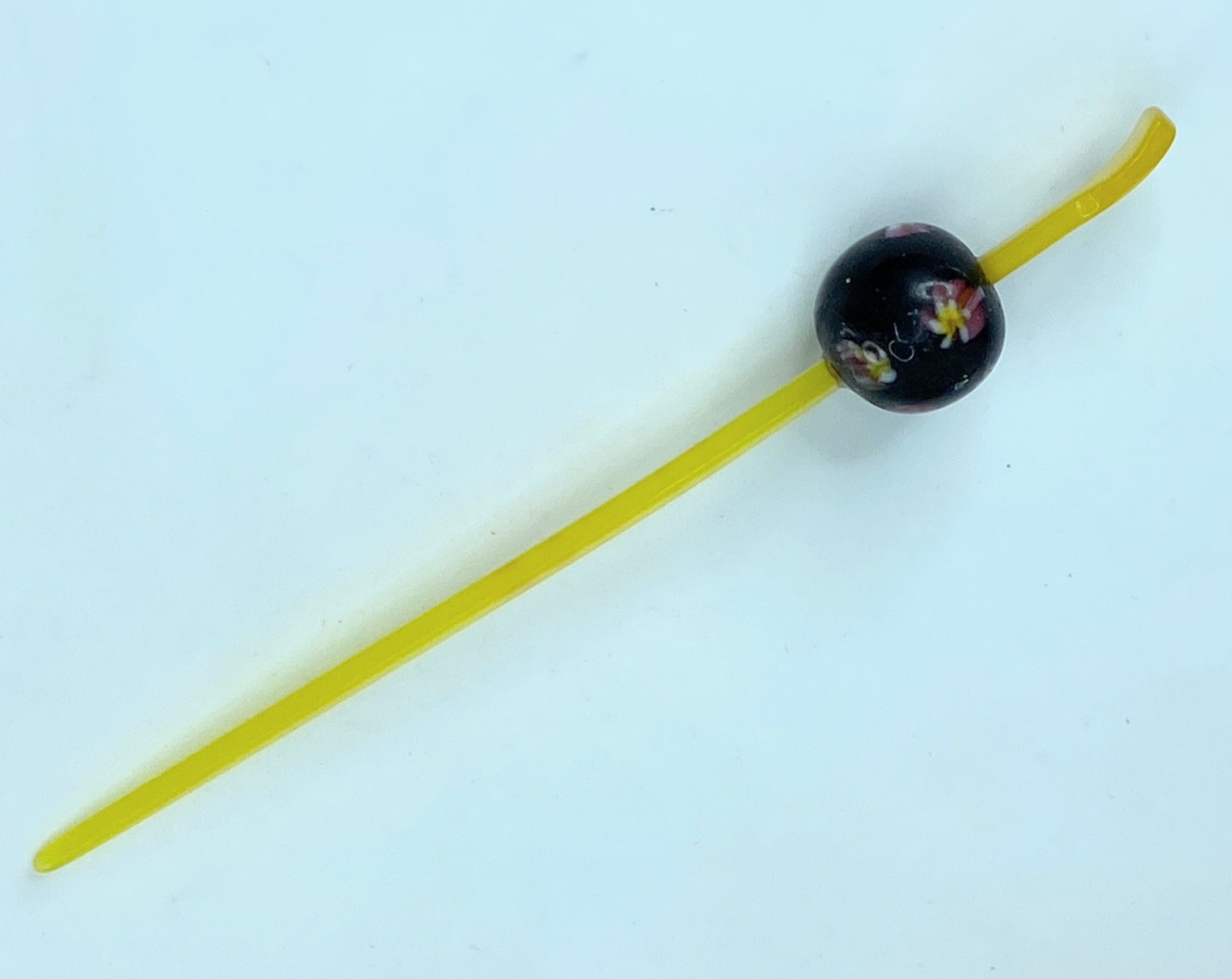 Rare Japanese lemon resin hair stickpin with green crystal beads 6 1/4" GS520