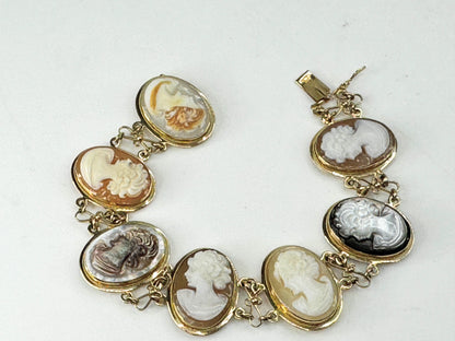 Mid Century 14K gold shell & MOP Cameo link bracelet 16.3g 6.75" JR9458