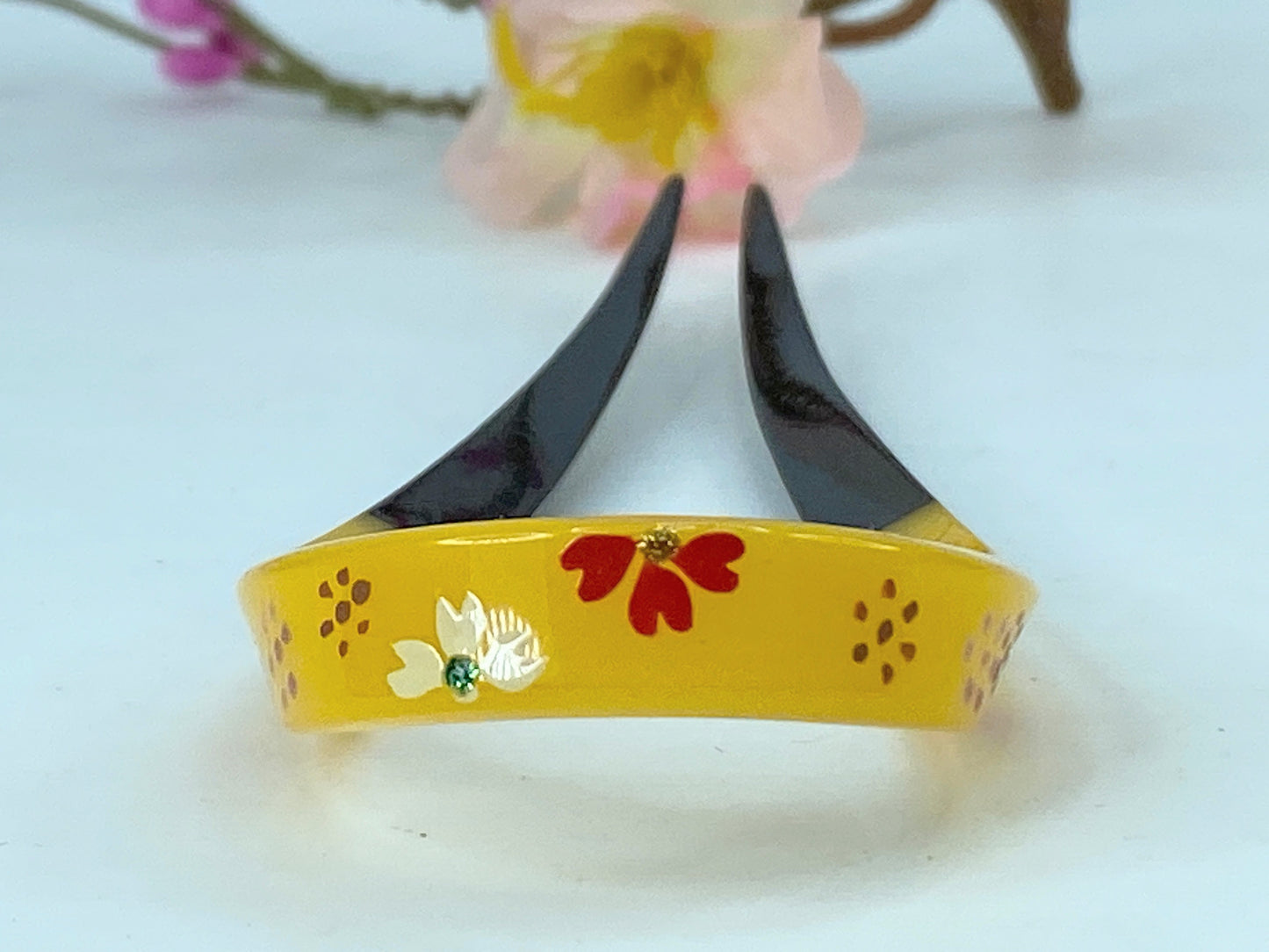 Kanzashi Hair Ornament With Red Plum Blossom Design With Green Accents GS522