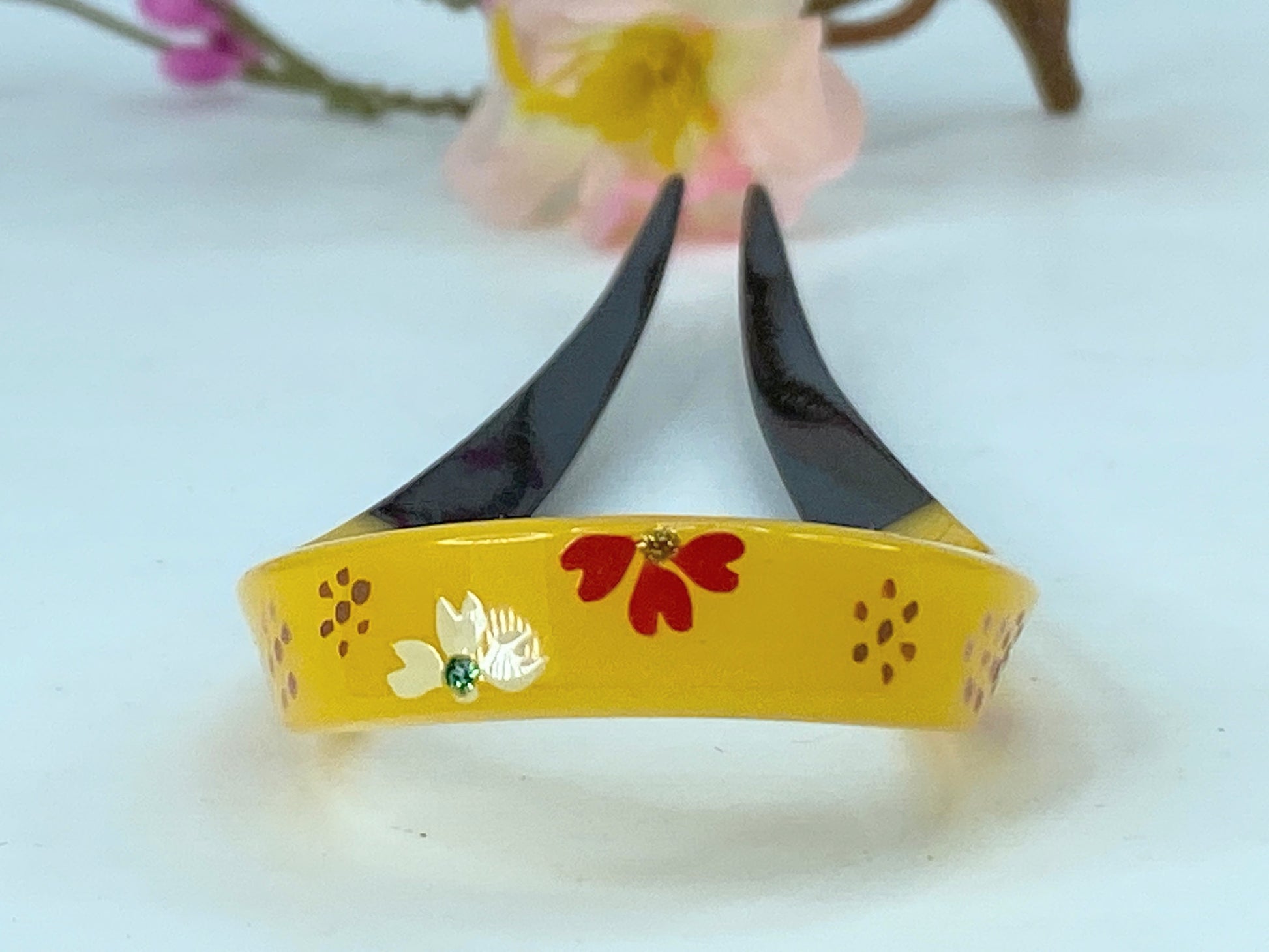 Kanzashi Hair Ornament With Red Plum Blossom Design With Green Accents GS522