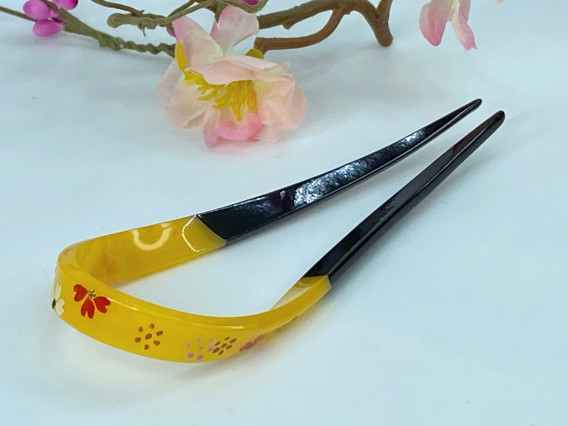 Kanzashi Hair Ornament With Red Plum Blossom Design With Green Accents GS522