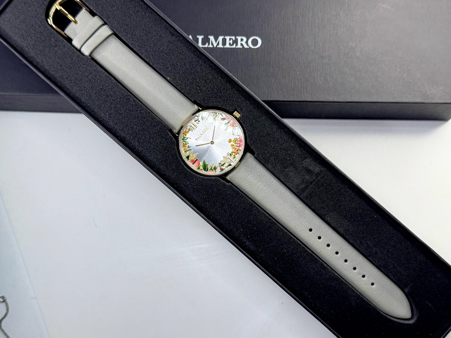 Palmero De Fleurs Floral Dial Leather Watch gold tone grey leather New SS350